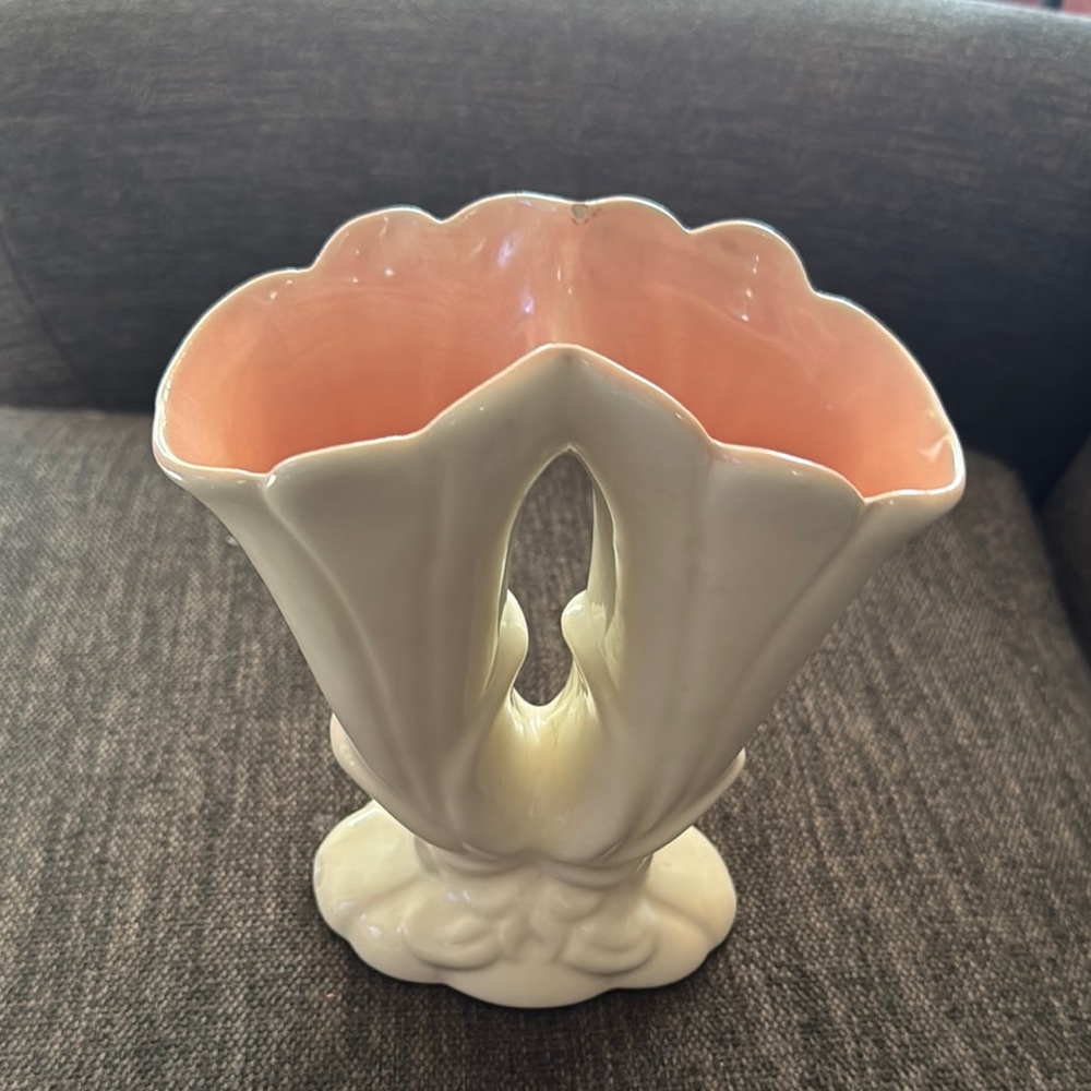 Cream and Pink Scalloped Ceramic Vase
